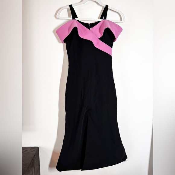Christian Siriano Cold-Shoulder Midi A-Line Dress Crepe in Black/Pink Si… - Picture 6 of 15